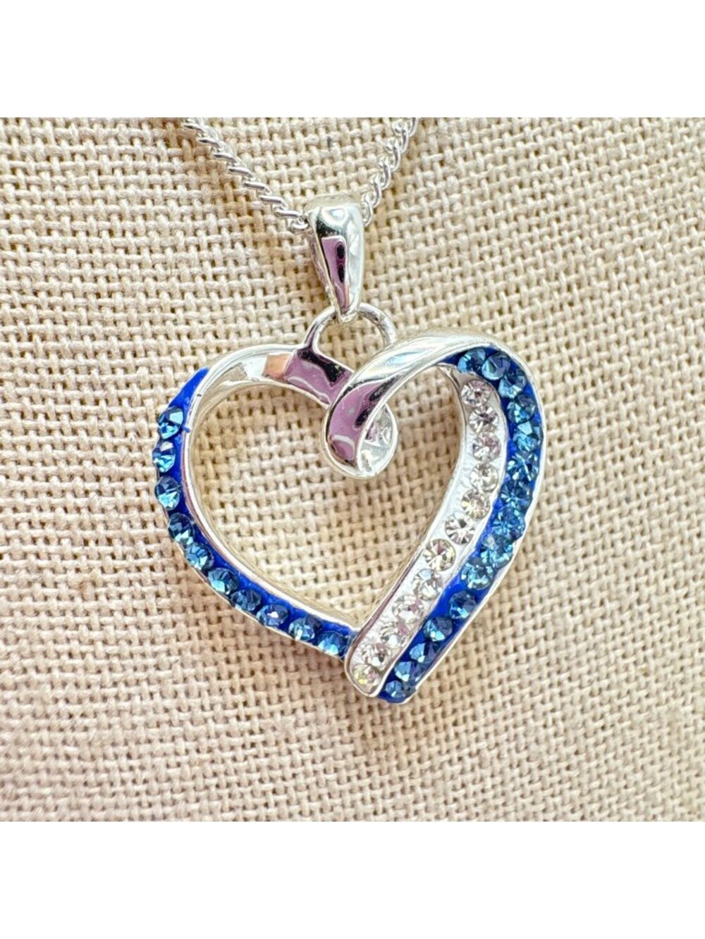 Blue & White CZ Heart Pendant Necklace VTG Sterling Silver 925 Size 20" Length